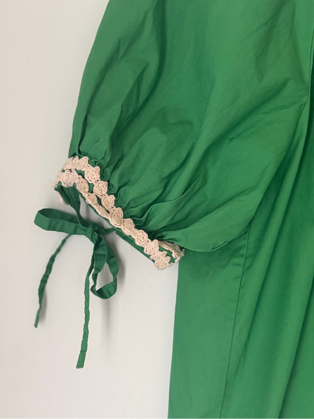 Anthropologie Short Sleeve Deco Trim Popover Green Cotton Puff Sleeve Blouse L - Picture 7 of 7